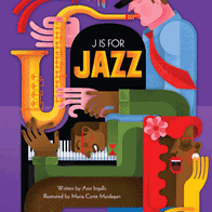 A book cover showing several colorful shapes made to look like a person playing saxophone, the piano and singing