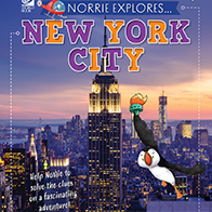 A book cover with a cartoon penguin and a photo of New York City