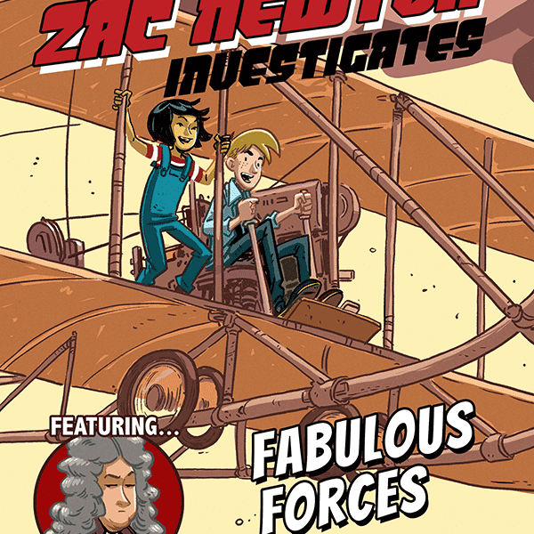 A book cover depicts two young children, one with dark hair in overalls and the other a blonde boy in a shirt and pants, sitting in an old-fashioned biplane with brown wings and visible wooden struts, against a muted brown background, with a circular inset of a man with a long white wig at the bottom left.
