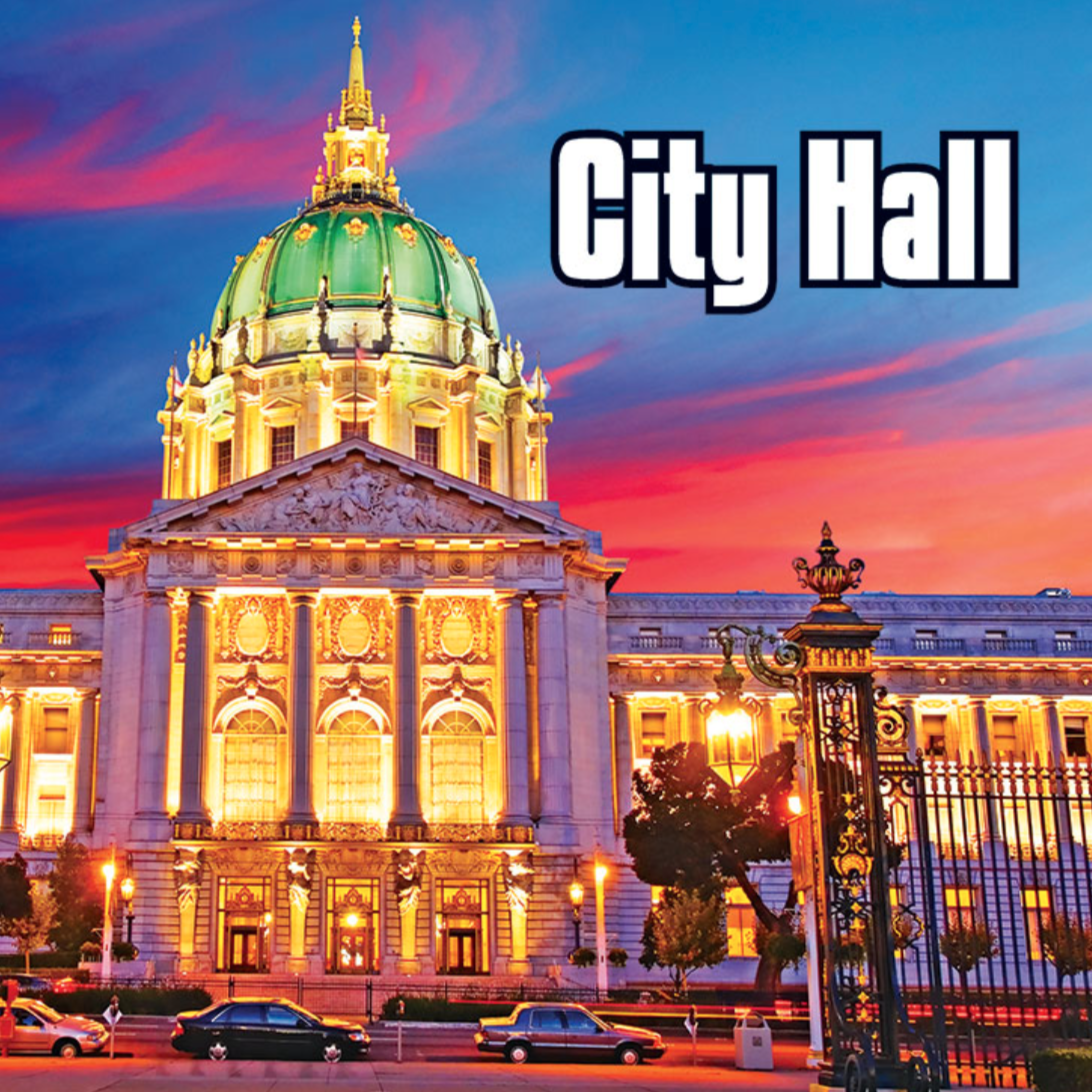 A book cover showing a picture of a city hall building