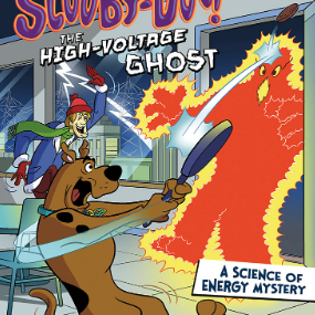 A book cover showing the dog in scooby doo hitting a ghost with a pan