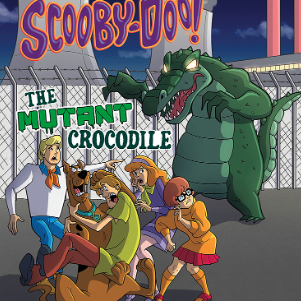 A book cover showing the Scooby Doo characters hiding from a large crocodile