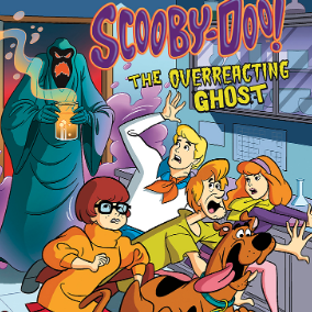 A book cover with a cartoon of the scooby doo characters running away from a ghost in a lab