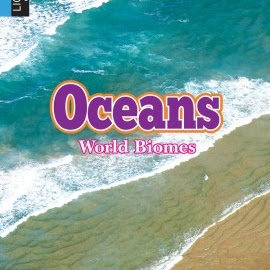 A book cover displays an aerial view of ocean waves breaking on a sandy beach, with the word "Oceans" in large purple and orange letters and "World Biomes" in smaller pink text below it.