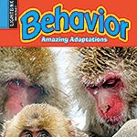A book cover features a close-up of three Japanese macaque monkeys with reddish faces and light fur, one adult and two younger ones, with the word "Behavior" in blue and yellow letters across the top.
