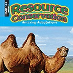 A book cover features a brown, two-humped camel looking directly at the viewer, against a light blue sky and grassy landscape, with the words "Resource Conservation" in colorful, bubbly letters at the top.