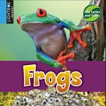 A book cover features a vibrant green frog with red eyes clinging to a branch above a purple band, which is positioned above an image of frog eggs in a clear, jelly-like mass.