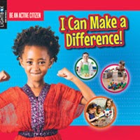 A book cover with a girl flexing her arms and smaller pictures of people helping in a community