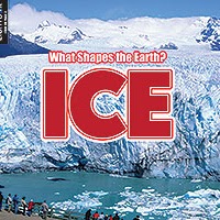 A book cover features a massive blue-white glacier with a turquoise lake in the foreground, and snow-capped mountains in the background, with several small figures of people on a viewing platform at the bottom