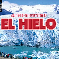 A book cover displays a large blue-white glacier, with a bright turquoise body of water in front of it containing floating ice, and snow-capped mountains in the background, with a group of small people on a viewing platform at the bottom.