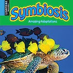 A book cover depicts a sea turtle swimming underwater with several yellow and black fish around it, all against a blue ocean background, with the word "Symbiosis" in blue and yellow letters across the top.