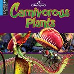 A book cover shows a vibrant image of a Venus flytrap with its trap open, a pitcher plant, and a large fly, all set against a blurred green and brown background under a solid purple banner.