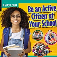 A book cover with a picture of a girl holding books and other students involved in school activities