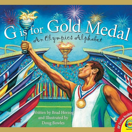 A book cover showing an illustration of a person with a gold medal holding up a torch in front of an Olympic stadium