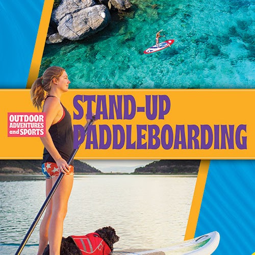 A book cover with a picture of a stand up paddleboarder and a dog on a lake