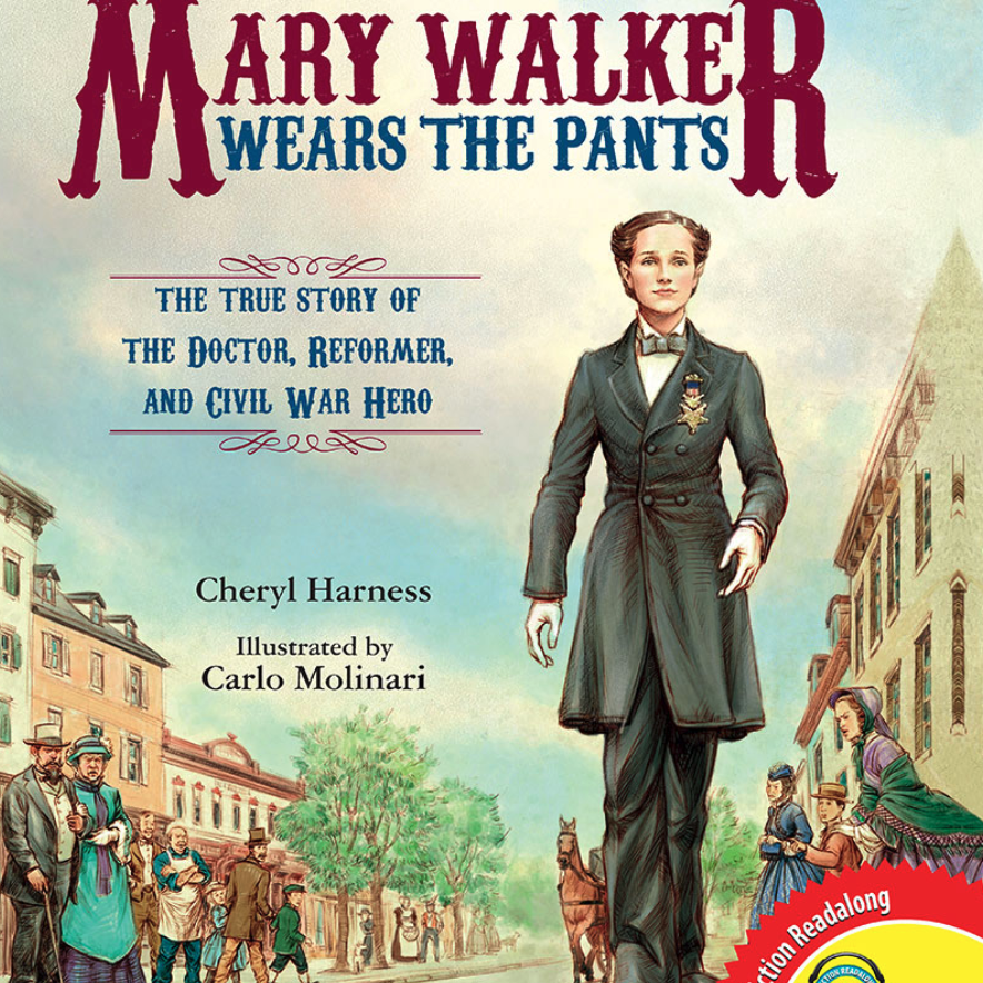 A book cover with a drawing of a woman wearing pants and walking down a street in a old town