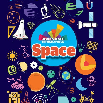 A book cover with several illustrations of satellites, planets, the moon and rockets