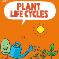 A book cover features a cartoon image of a green bean-like character with a watering can, watering several small plant sprouts under a smiling yellow sun, all against a solid orange background with a speech bubble.