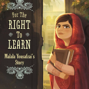 A book cover showing a drawing of Malala holding a book with a determined look on her face