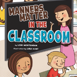 A book cover showing two students working in a classroom with a smiling teacher