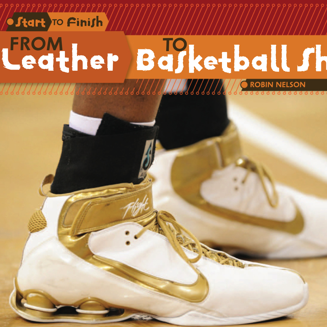 A book cover showing a pair of gold and white basketball shoes