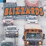 A book cover shows an aerial view of cars and a school bus on a snow-covered road during a blizzard.