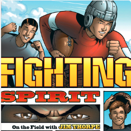 A book cover showing a comic book layout with illustrations of football players running