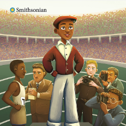 A book cover with an illustration of Jesse Owens standing and smiling while photographers take pictures of him