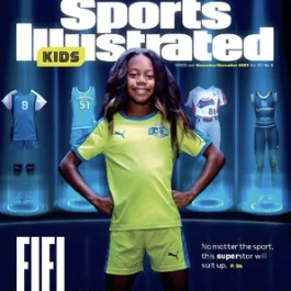 A magazine cover with a picture of a girl in a sports uniform