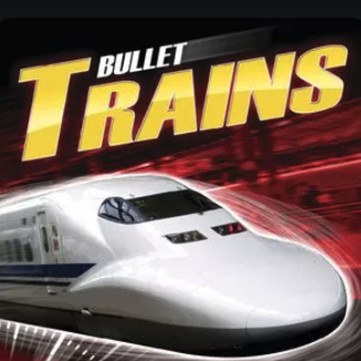 A book cover features a sleek, white bullet train with blue stripes speeding towards the viewer, with a red and black abstract background that suggests motion.