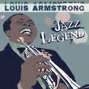 A book cover with a drawing of Louis Armstrong playing a trumpet