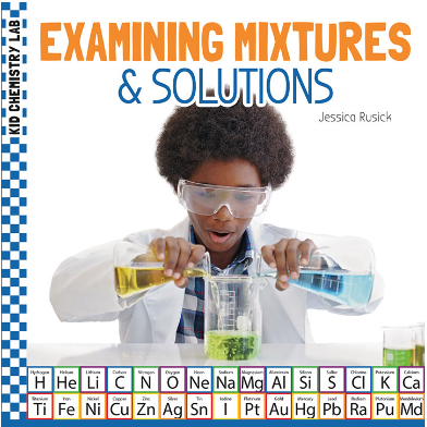 A book cover shows a young Black boy in a white lab coat and safety goggles pouring liquids from two beakers into a larger beaker, with the bottom of the cover featuring a periodic table of elements.