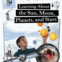 A book cover with a kid playing with a model of a space system