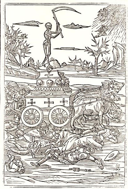 Artist showing a skeleton riding through a town