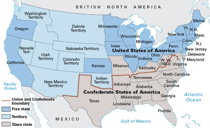 Map of US during the Civil War