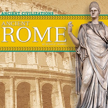 Book cover with the colosseum in the background and a Roman statue