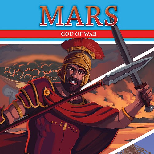 Book cover showing a cartoon of a man in red robes and holding a sword and a spear