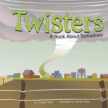 Book cover with an illustration of a tornado over a small village