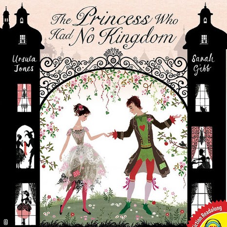 Book cover showing a princess and prince in a garden with a castle wall nearby