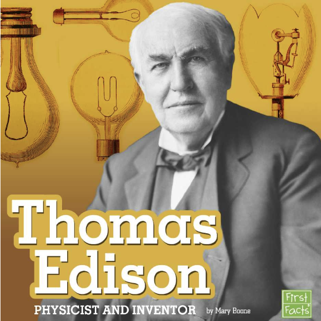 Book cover showing a picture of Thomas Edison and lightbulbs behind him