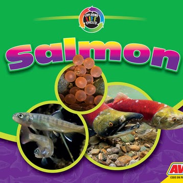 Book cover showing salmon eggs, a young salmon and an adult salmon