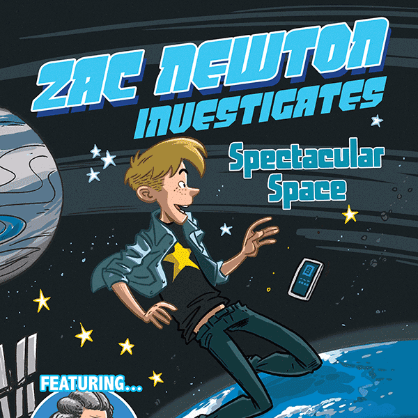 Book cover with a cartoon of a person in space
