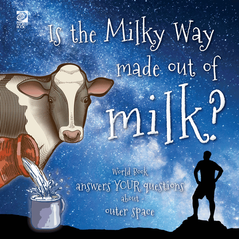 Book cover showing the Milky Way and a cow in front of it pouring milk into a pitcher