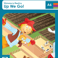 Book cover showing a cartoon of a scarecrow and friend flying over a farm