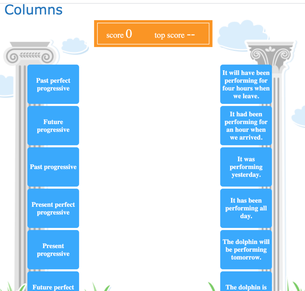 Shows two column matching game from quia