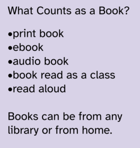 Screen shot describing that any type of book counts - such as audiobooks, books read in a classroom, print or ebooks. 