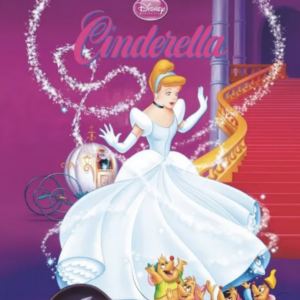 A book cover from Disney's Cinderella showing a girl magically wearing a ball gown in front of a palace