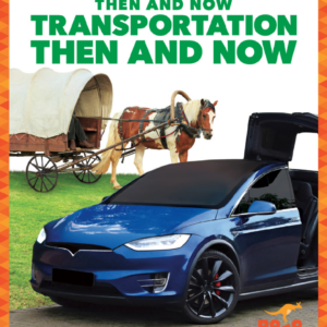 A book cover showing a blue modern car with open doors in the foreground and a horse-drawn covered wagon in the background on a green field.
