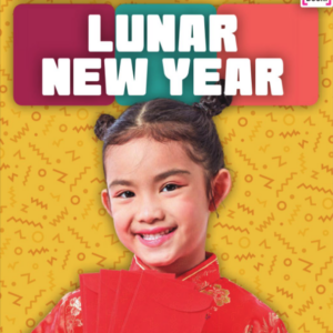 A book cover showing a smiling child with their hair in two buns, wearing a red traditional outfit, and holding several red envelopes.