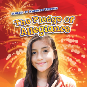 A book cover showing a young kid smiling with her hand over her heart, against a red background with golden fireworks.
